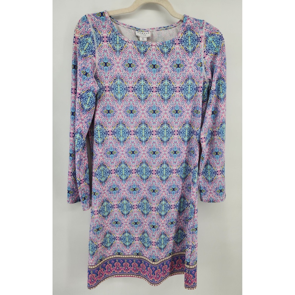 Cabana Life Womens Medium Pink Blue Medallion Long Sleeve Shift Dress Tunic